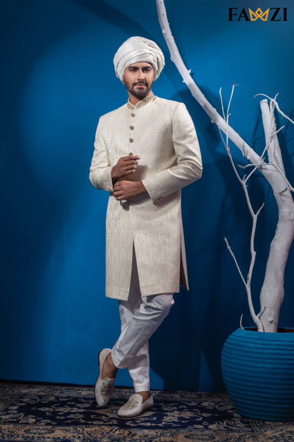 Off White Greenish Touch Sherwani With Beautiful Zardosi Hand Work - Image 2