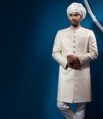 Off White Greenish Touch Sherwani With Beautiful Zardosi Hand Work