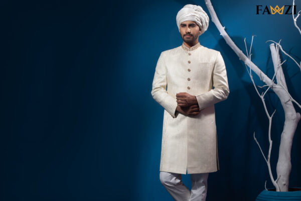 Off White Greenish Touch Sherwani With Beautiful Zardosi Hand Work