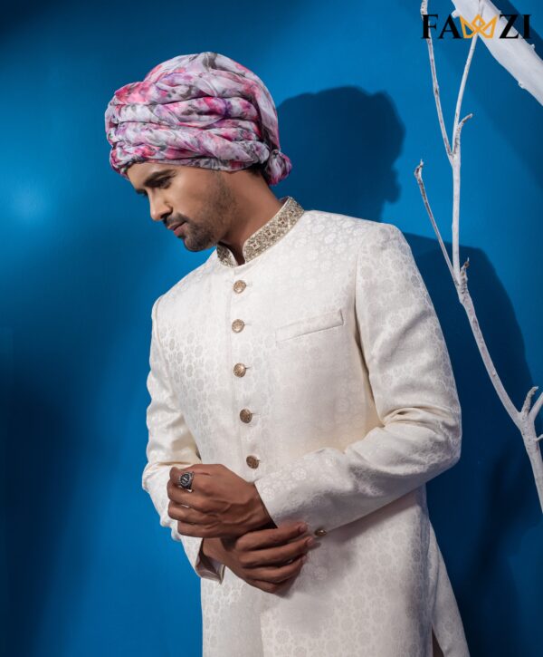 Off White Sherwani With Zardosi Hand Work - Image 3