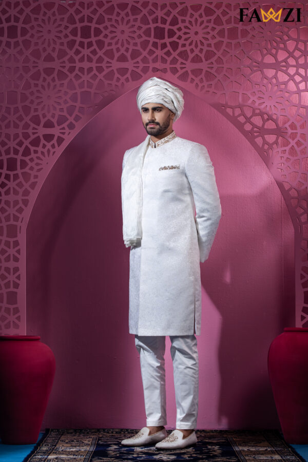 Off White Sherwani With Neck Pocket Zardosi Hand Work - Image 3