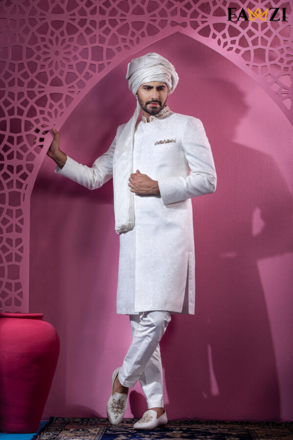 Off White Sherwani With Neck Pocket Zardosi Hand Work - Image 2
