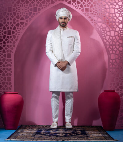 Off White Sherwani With Neck Pocket Zardosi Hand Work