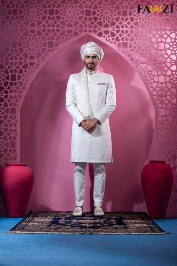 Off White Sherwani With Neck Pocket Zardosi Hand Work