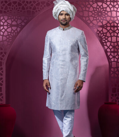 Haze Blue Sherwani With Beautiful Zardosi Hand Work.