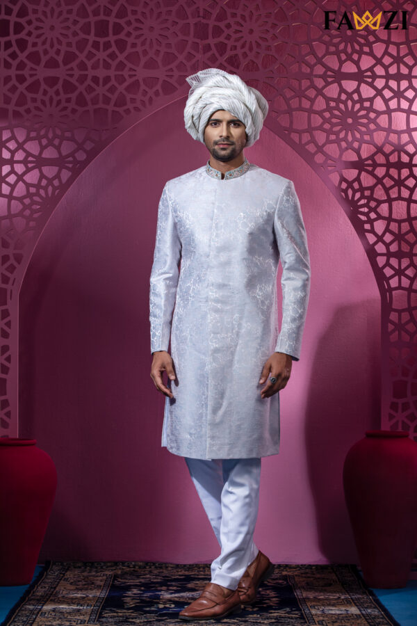 Haze Blue Sherwani With Beautiful Zardosi Hand Work.