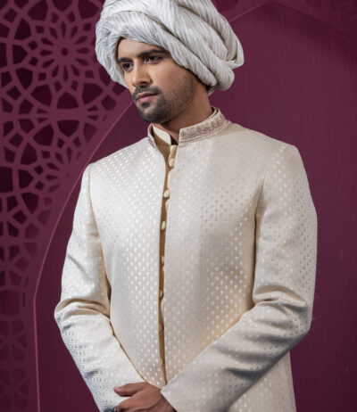 Golden customized open sherwani with beautiful Zardosi handwork .