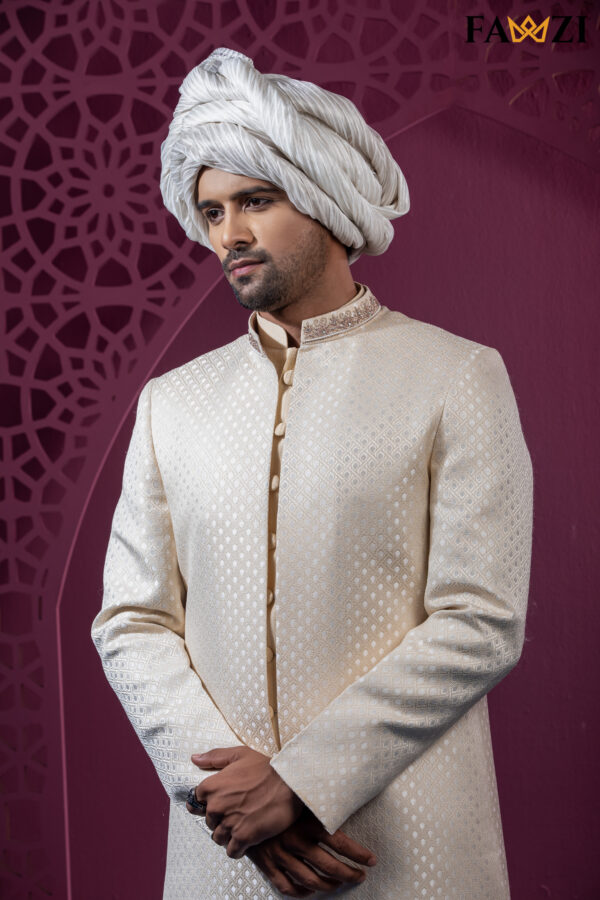 Golden customized open sherwani with beautiful Zardosi handwork .