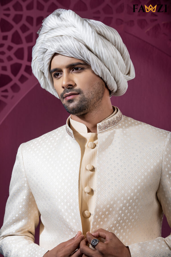 Golden customized open sherwani with beautiful Zardosi handwork . - Image 3