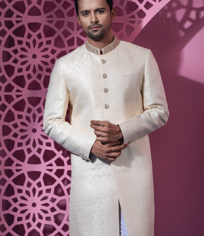 Cream Gold Sherwani With Beautiful Neck And Button Zardosi Hand Work