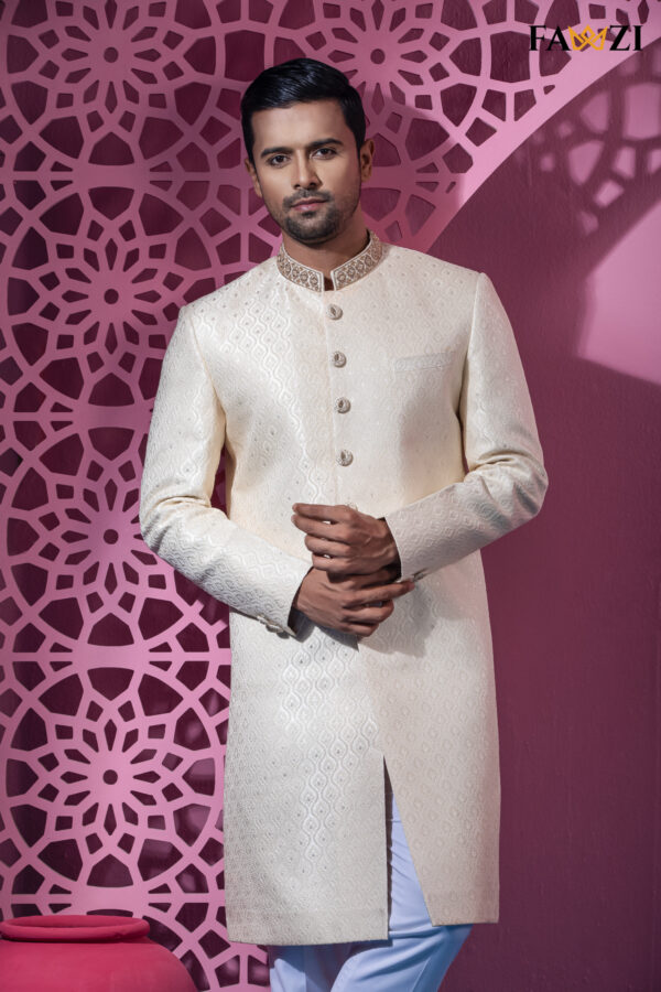 Cream Gold Sherwani With Beautiful Neck And Button Zardosi Hand Work