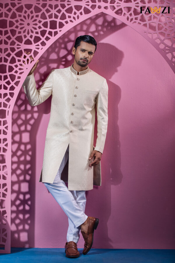 Cream Gold Sherwani With Beautiful Neck And Button Zardosi Hand Work - Image 4