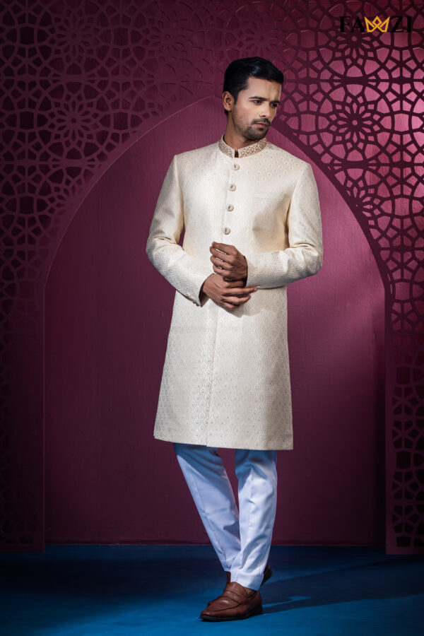 Cream Gold Sherwani With Beautiful Neck And Button Zardosi Hand Work - Image 3