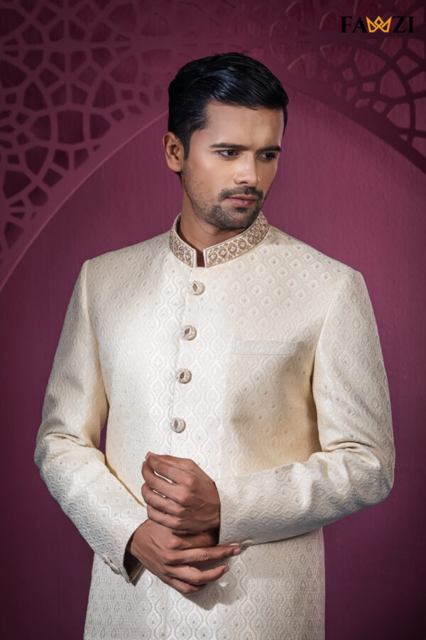 Cream Gold Sherwani With Beautiful Neck And Button Zardosi Hand Work - Image 2