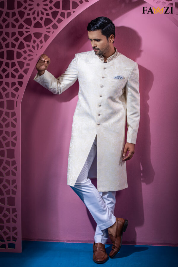 Off White Gold Sherwani With Beautiful Neck Zardosi Hand Work - Image 2