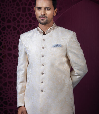 Off White Gold Sherwani With Beautiful Neck Zardosi Hand Work