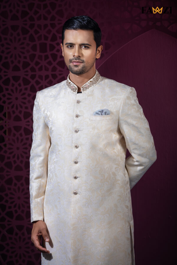 Off White Gold Sherwani With Beautiful Neck Zardosi Hand Work