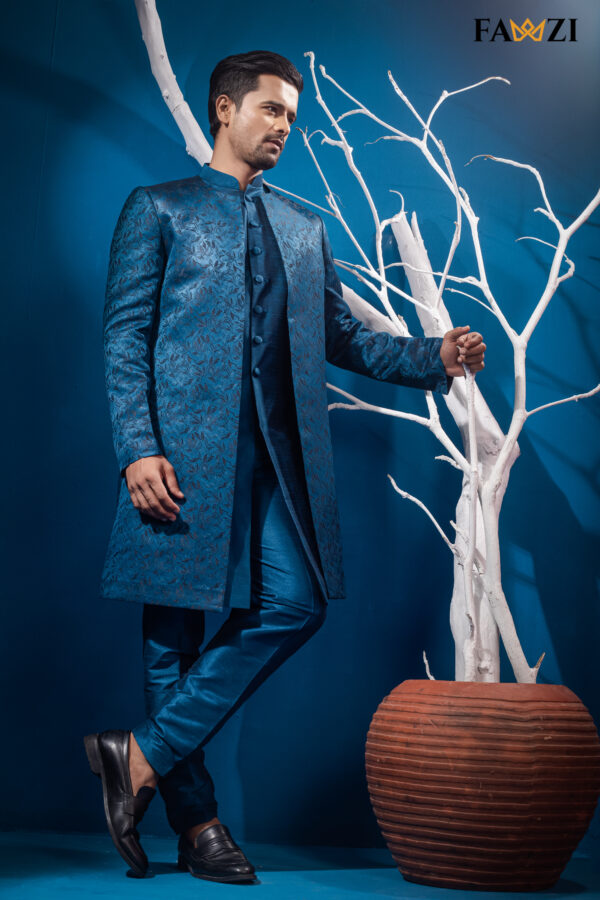 Deep See Blue Customized Open Sherwani - Image 4