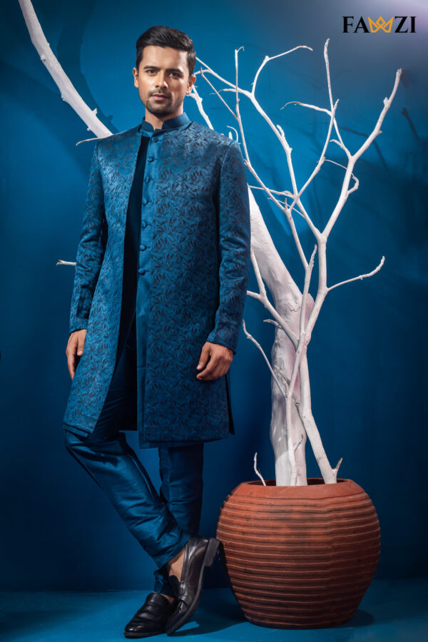 Deep See Blue Customized Open Sherwani - Image 2