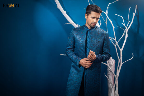 Deep See Blue Customized Open Sherwani - Image 3