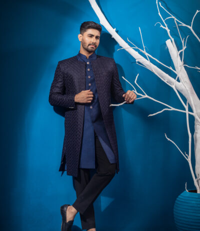 Ebony Clay Blue Open Sherwani