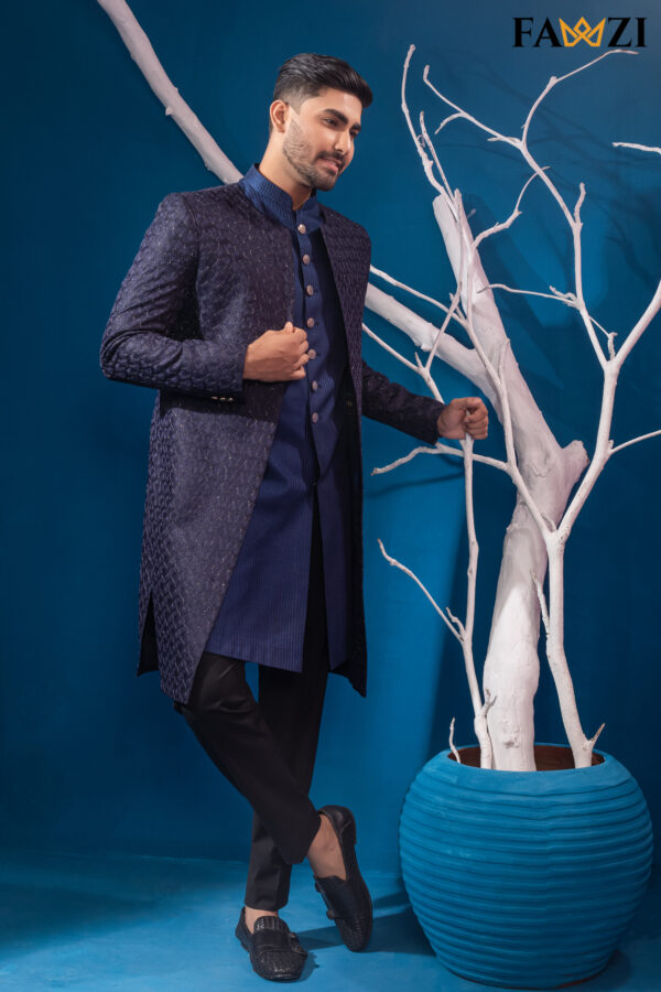 Ebony Clay Blue Open Sherwani - Image 2
