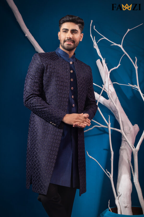 Ebony Clay Blue Open Sherwani - Image 4