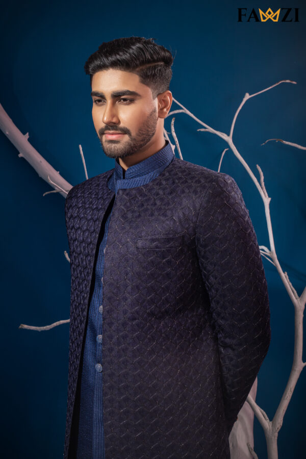 Ebony Clay Blue Open Sherwani - Image 3
